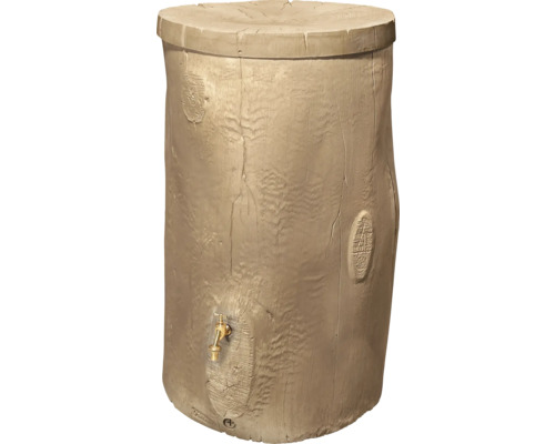 Recuperateur d eau de pluie en plastique imitation tronc d arbre avec couvercle et robinet integre.