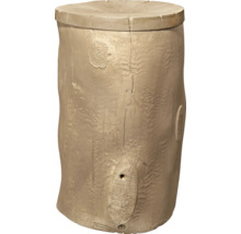 Récupérateur d'eau de pluie en forme de tronc d'arbre avec texture bois et couvercle.