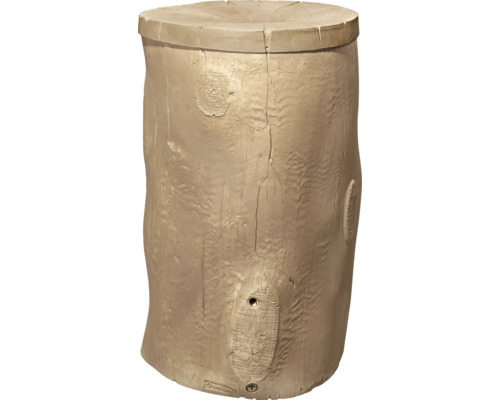 Récupérateur d'eau de pluie en forme de tronc d'arbre avec texture bois et couvercle.