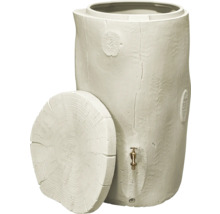 Récupérateur d'eau de pluie clair aspect tronc d'arbre en plastique avec couvercle et robinet en laiton.