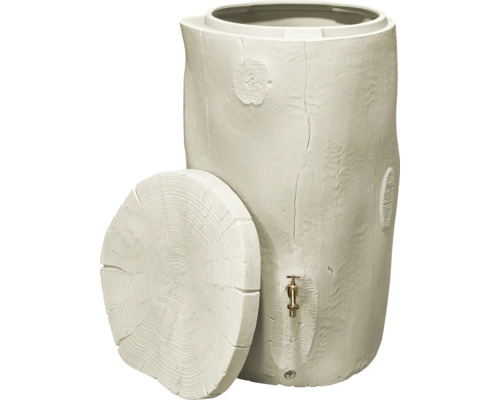 Récupérateur d'eau de pluie clair aspect tronc d'arbre en plastique avec couvercle et robinet en laiton.