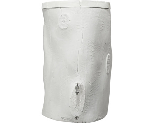 Récupérateur d'eau de pluie blanc en forme de tronc d'arbre avec structure en bois, couvercle et robinet. Garantia Logo.
