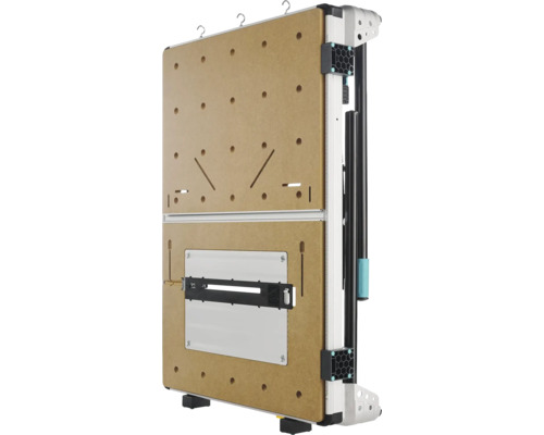 Zusammengeklappter Spanntisch und Maschinentisch mit MDF-Arbeitsplatte, Lochraster und integrierter Skala.