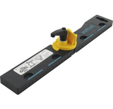 Guide de coupe et équerre Wolfcraft avec graduation en millimètres, levier de blocage jaune et Wolfcraft Logo.