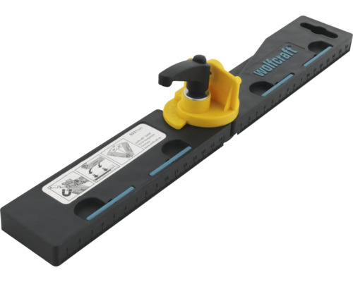 Guide de coupe et équerre Wolfcraft avec graduation en millimètres, levier de blocage jaune et Wolfcraft Logo.