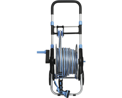 Dévidoir avec tuyau d'arrosage et lance d'arrosage