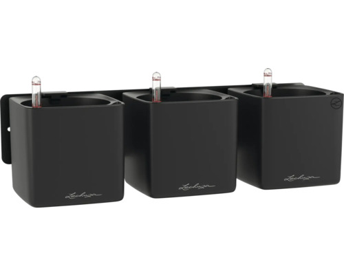 Trois jardinières noires Lechuza Cube Color 14 avec indicateur d'arrosage