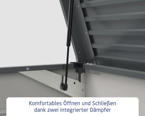 Detailansicht eines Geräteschuppens mit zwei integrierten Dämpfern zum komfortablen Öffnen und Schließen