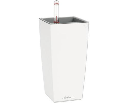 Pot de fleurs haut et carré en plastique avec indicateur de niveau d'eau et système d'irrigation.