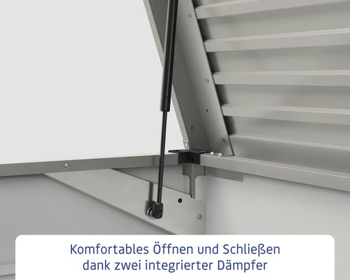 Geöffnete Metallgartenbox mit zwei integrierten Dämpfern