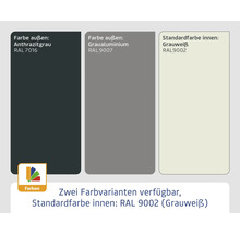 Verfügbare Farben: außen Anthrazitgrau RAL 7016, außen Graualuminium RAL 9007, Standardfarbe innen Grauweiß RAL 9002