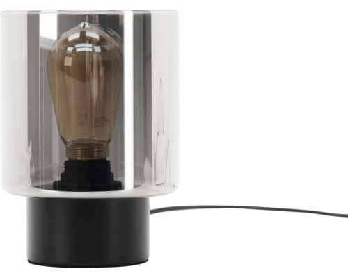 Tischleuchte mit Glühbirne und transparentem Lampenschirm