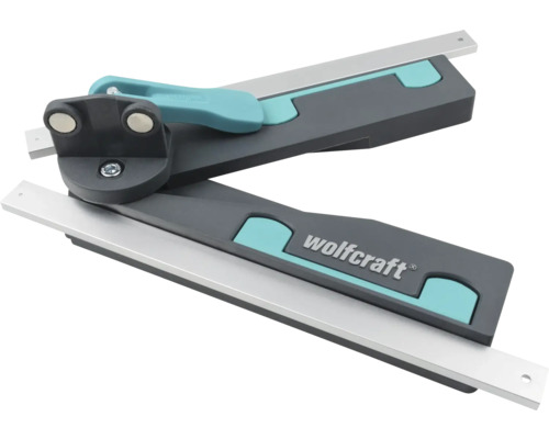Fausse équerre Wolfcraft pour onglets avec rails métalliques extensibles et levier de blocage.