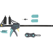 Serre-joint à une main Wolfcraft avec kit d accessoires comprenant un foret, des capuchons de protection et des adaptateurs.