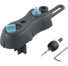 Kit Wolfcraft Undercover Jig comprenant un gabarit de perçage, un foret étagé avec butée de profondeur et une clé hexagonale.