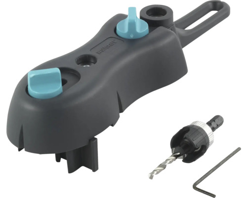 Kit Wolfcraft Undercover Jig comprenant un gabarit de perçage, un foret étagé avec butée de profondeur et une clé hexagonale.
