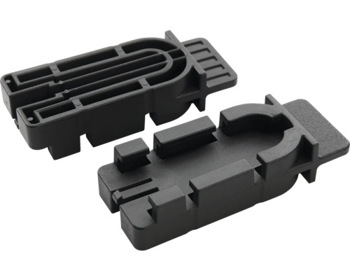 Deux éléments de montage en plastique noir de forme rectangulaire, avec fentes et rails de guidage pour meubles ou fenêtres.