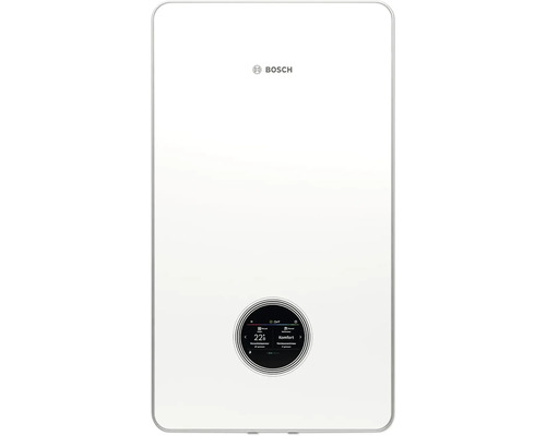 Logo Bosch au-dessus d'un appareil de chauffage blanc avec affichage numérique.