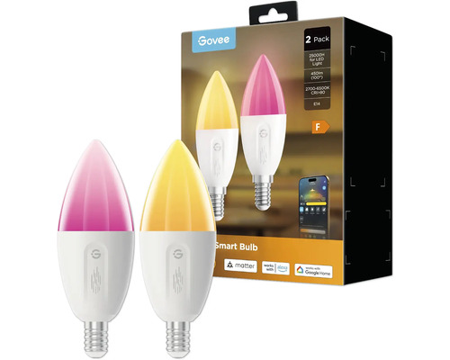Govee Logo. Zwei intelligente E14-Glühbirnen in Gelb und Pink mit Verpackung.