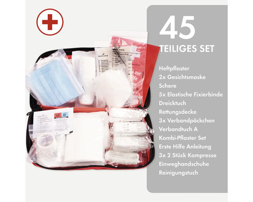 Kit de premiers secours de 45 pièces comprenant sparadraps, masques faciaux, ciseaux et bandages de fixation élastiques.