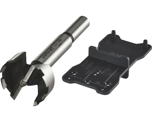 Forstnerbohrer Wolfcraft Ø 35 mm mit Markierhilfe Wolfcraft Forstnerbohrer mit 35 Millimeter Durchmesser und eine schwarze Markierungsschablone für Topfbandscharniere.