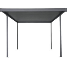 Pavillon métallique avec toit rectangulaire et quatre piliers de soutien.