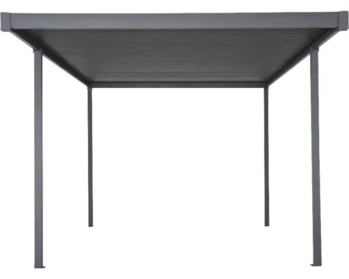 Pavillon métallique avec toit rectangulaire et quatre piliers de soutien.