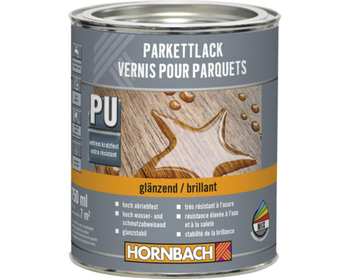 Vernis pour parquet en boîte avec la mention 'extra résistant aux rayures' et 'brillant'