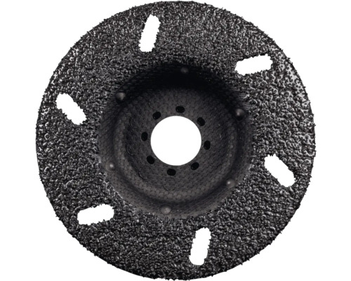 Meule abrasive avec surface rugueuse et découpes.
