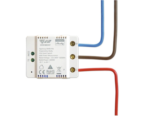 Commutateur intelligent Ogemray SW40 PbS alimenté par Shelly avec mesure de puissance, 25 Ampères, 110 à 240 Volts, avec câbles connectés.