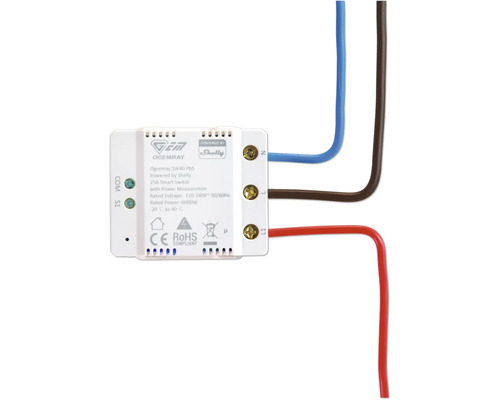 Interrupteur intelligent Ogemray SW40 PbS avec mesure de puissance, 25 Ampères, raccordé à trois fils sur les bornes N, L et L1.