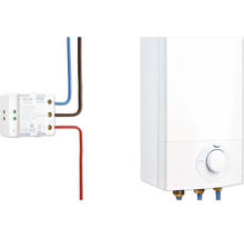 Interrupteur Shelly Smart Home raccordé à un chauffe-eau pour une automatisation intelligente.