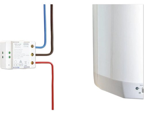 Module de relais intelligent Ogemray alimenté par Shelly, connecté par câbles à un appareil électrique.
