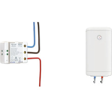 Interrupteur intelligent Ogemray connecté par câblage à un chauffe-eau électrique pour un contrôle domotique.
