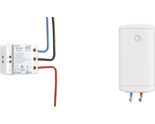 Interrupteur intelligent Ogemray connecté par câblage à un chauffe-eau électrique pour un contrôle domotique.