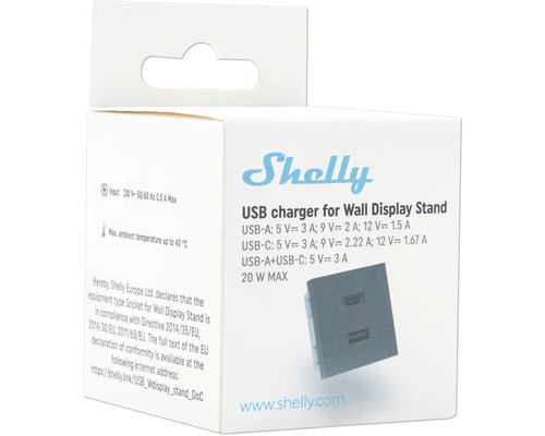 Verpackung eines Shelly USB Ladegeräts für Wand Display Halterung