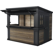 Verkaufsstand mit Holzverkleidung und aufklappbarem Fenster