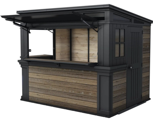 Verkaufsstand mit Holzverkleidung und aufklappbarem Fenster