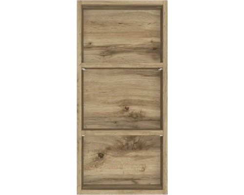 Offenes Regalmodul aus Holz mit drei Fächern in Eichenoptik.