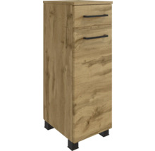 Badezimmer-Seitenschrank in Eichenoptik mit einer Schublade, einer Tür, schwarzen Griffen und schwarzen Füßen.