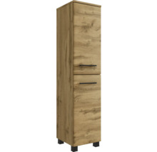 Hoher Badezimmerschrank in Eichenoptik mit zwei Türen, schwarzen Griffen und schwarzen Füßen.