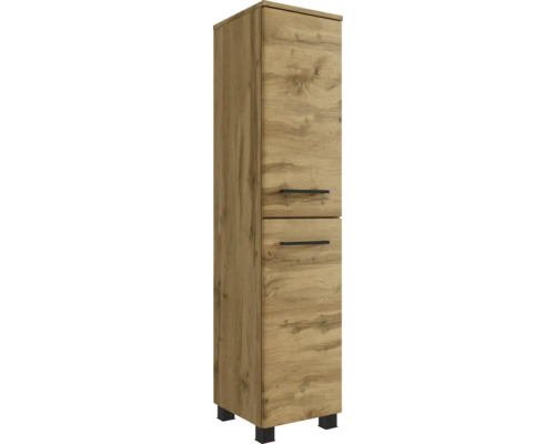 Hoher Badezimmerschrank in Eichenoptik mit zwei Türen, schwarzen Griffen und schwarzen Füßen.