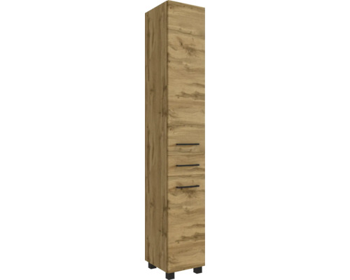 Hochschrank an Eechen-Optik mat dräi schwaarze Grëffer a schwaarze Féiss.