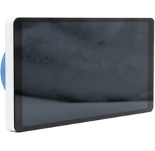 Écran rectangulaire avec cadre noir et boîtier blanc.