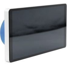 Panneau de commande intelligent rectangulaire avec cadre blanc et écran noir.