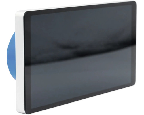 Panneau de commande intelligent rectangulaire avec cadre blanc et écran noir.