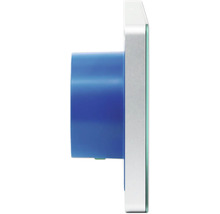 Vue latérale d'un appareil électronique encastré avec un boîtier bleu et une plaque frontale blanche.