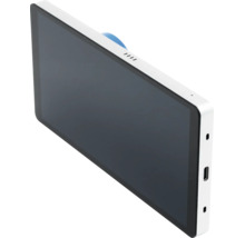 Moniteur intérieur plat pour interphone vidéo avec boîtier blanc et écran noir.