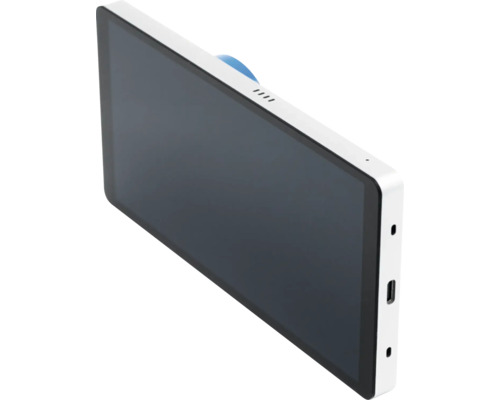 Moniteur intérieur plat pour interphone vidéo avec boîtier blanc et écran noir.