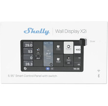 Logo Shelly, Shelly Wall Display X2i, panneau de commande intelligent de 6,95 pouces avec interrupteur, argenté, affichage de la température.